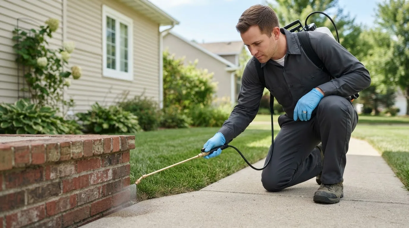 Pest control technician treating a home near Webster, NY